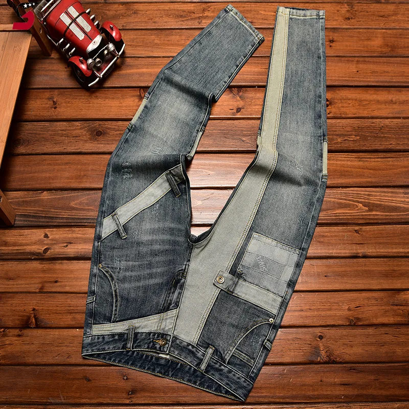 Jeans alla moda di fascia alta Cuciture patchwork da uomo Pantaloni lunghi di marca alla moda elasticizzati e aderenti alla caviglia