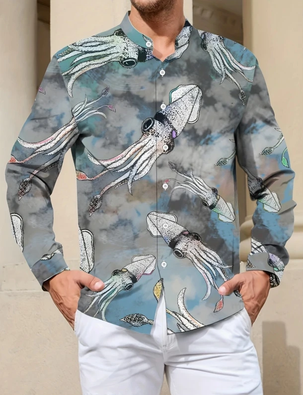 

2025 Men'S Mature Floral Print Button-Up Shirt - All-Season, Regular Fit, Long Sleeve, Lightweight Fabric,