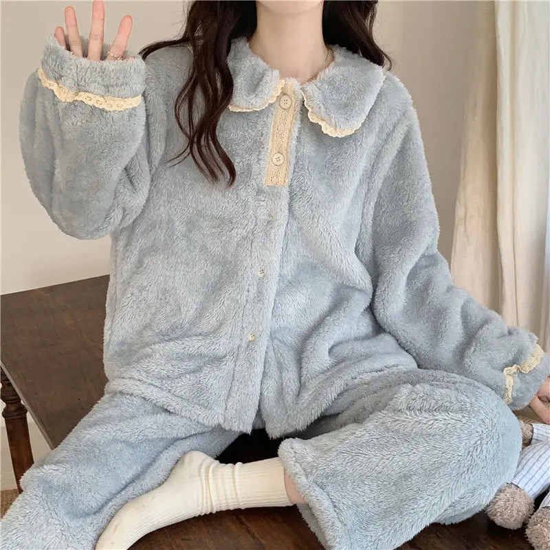 Lace Women Pajamas Set Winter Fleece Sweet Turn-down Collar Long Sleeve Tops+Pants Home Set Casual Button Cardigan Sleepwear