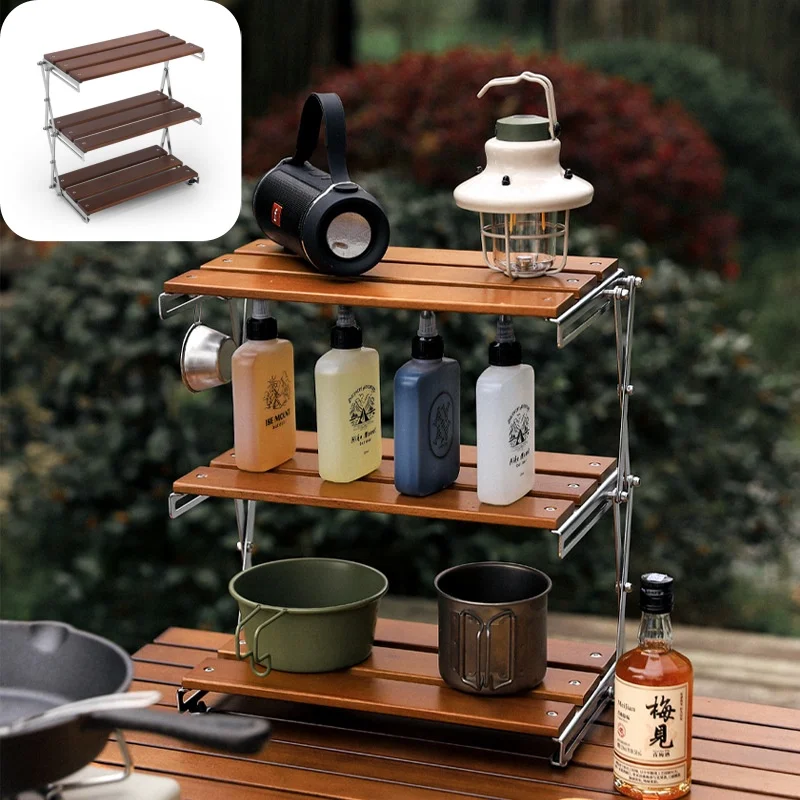 Outdoor Camping Rack Portable Wood Table 3-stage Folding Storage Rack Foldable Mountain Hiker Table Camping Shelf Coffee Tables