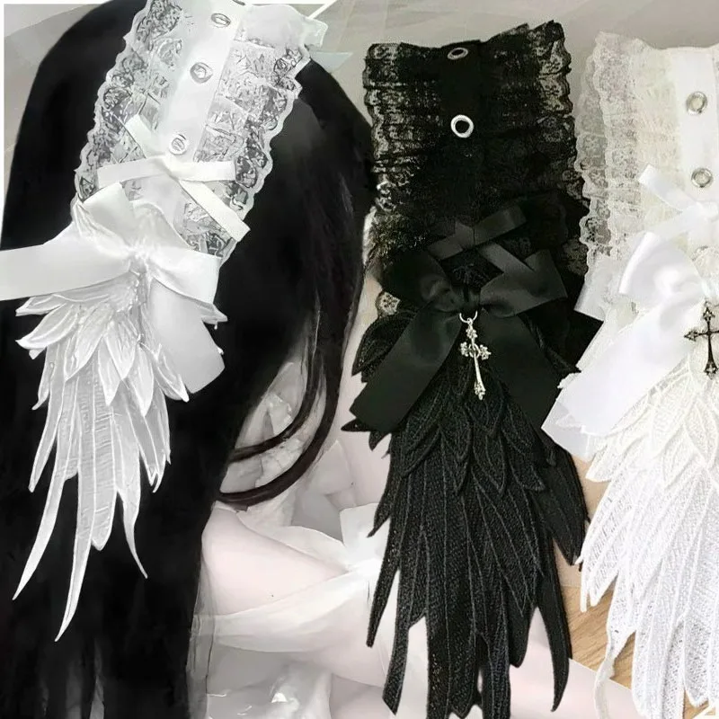 

Y2K Wing Lace Headband Bowknot Embroidered Virgin Cross Bow Embroidered Shawl Headband Fold Gothic Hair Ties Hair Accessories