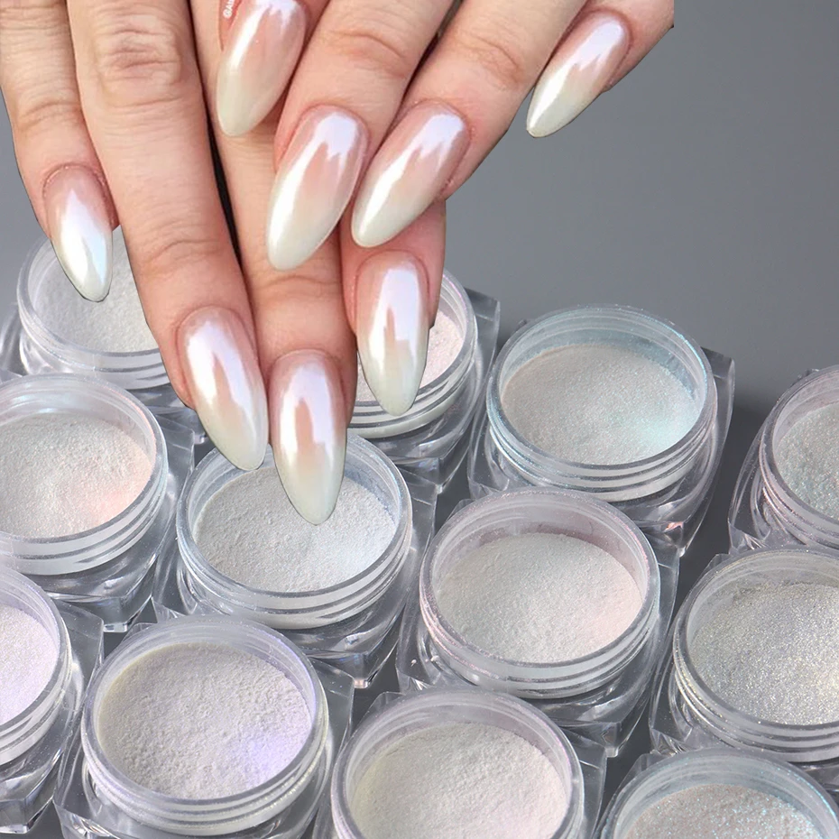 12pcs/Set Aurora Mirror Nail Glitter Powder Pearl White Rubbing Dust Pigment Chrome Iridescent Holographic Nail Art Decorations