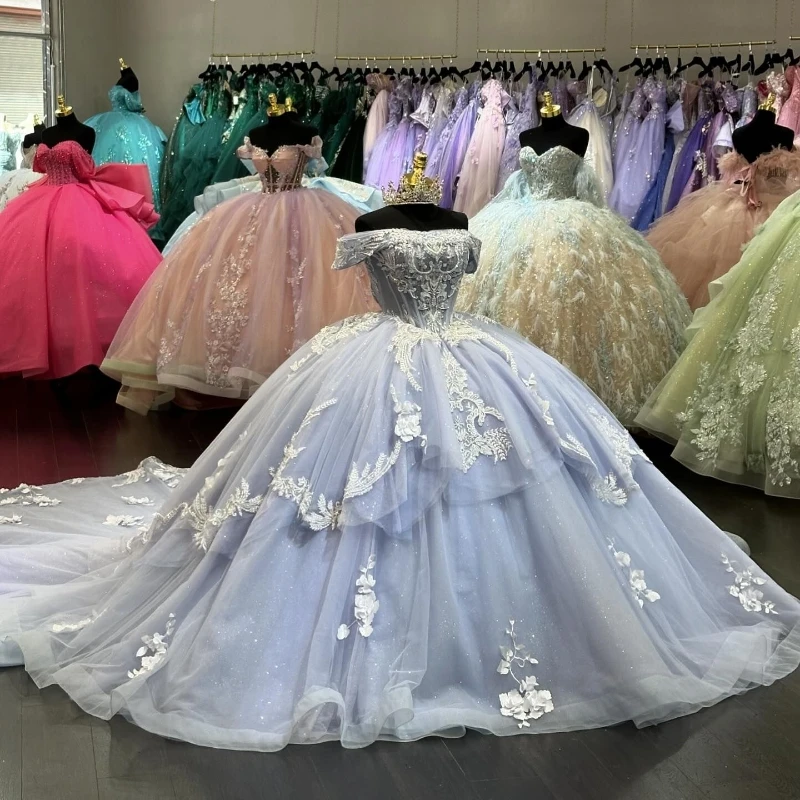 

Light Blue Quinceanera Dress Ball Gown Off The Shoulder 3D Flower Lace Applique Beaded Crystal Tull Corset Sweet 16 Dress Vestid