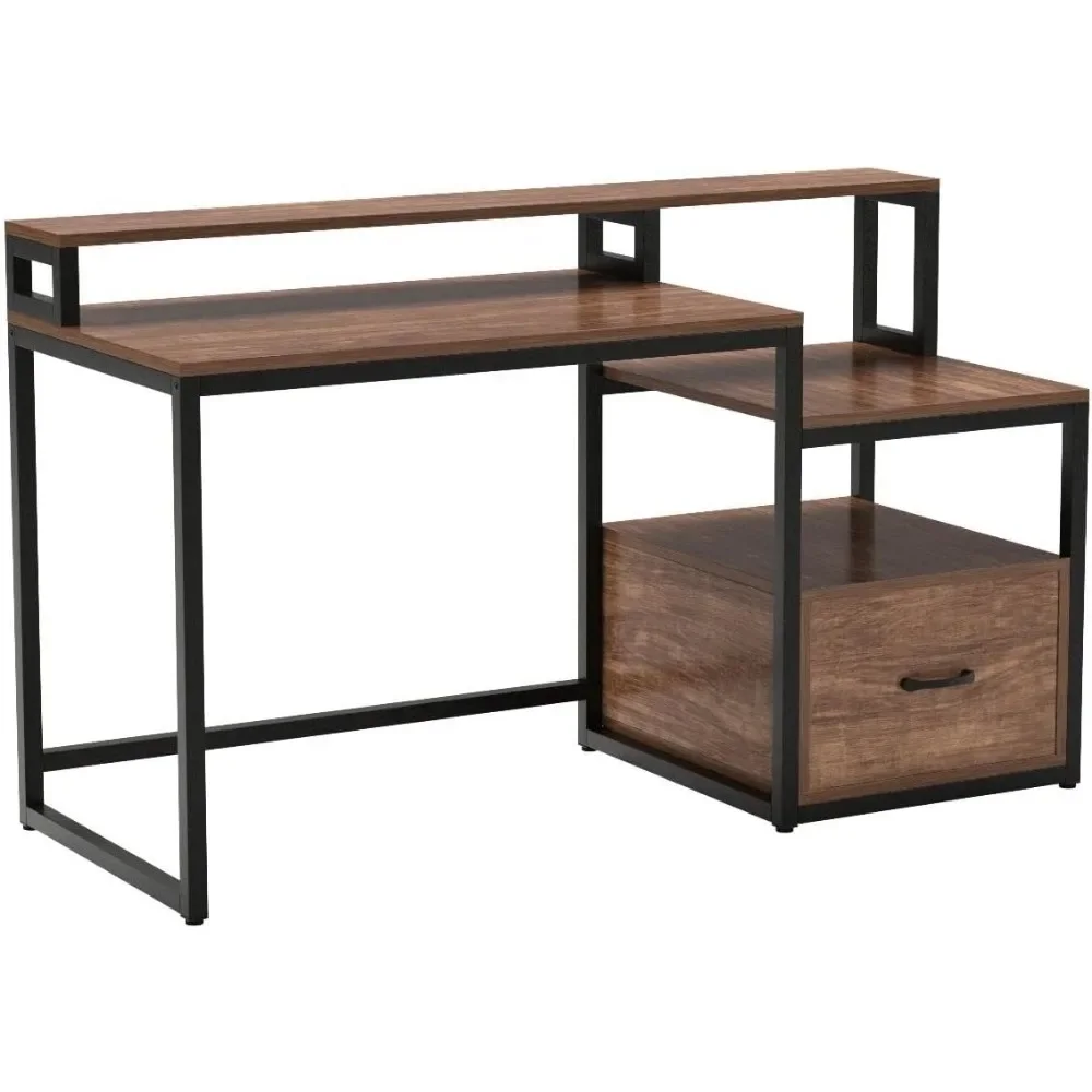 Computer Desk with File Drawer and Storage Shelves, 60 inch Vintage Large Home Office Desk Computer Table