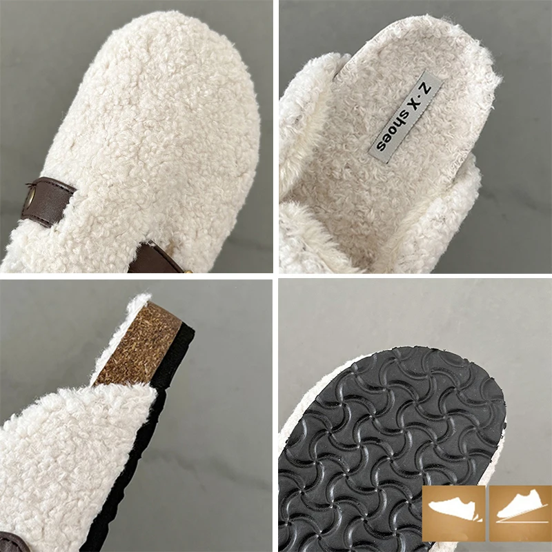 2023 Lambswool Mules Women Belt Buckle Slippers Winter Clogs Shoes Woman Platfoem Cover Toe Plush Fur Slides Outdoor Fuzzy Shoes