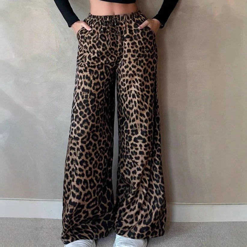 Women's Leopard Print Drawstring Elastic High Waist Pocket Loose Wide Leg Floor Length Comfortable Casual Trendy Daily Trousers