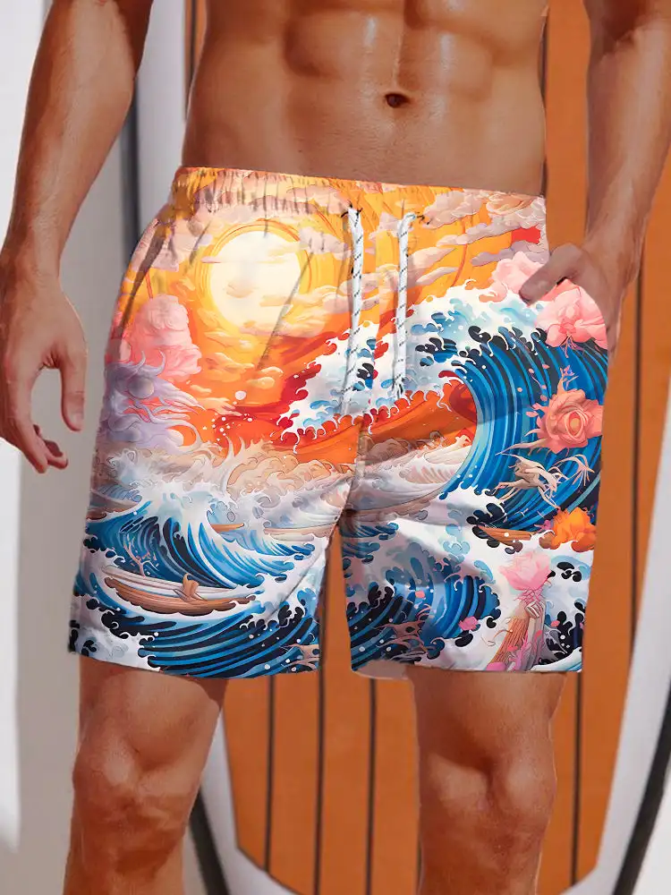 3D Printed Ukiyo-E Giant Fierce Shark And Cruise Ship Printing Shorts Men\'s Board Shorts Swim Trunks Drawstring Breathable Short