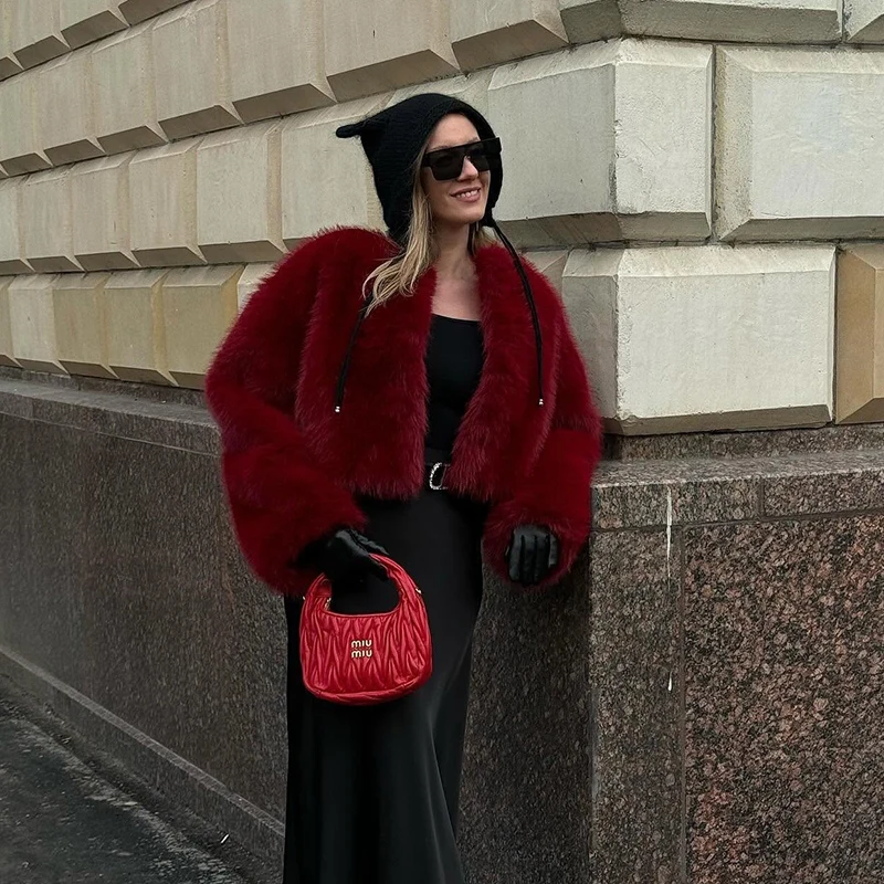 Neo Mint 2025 Ancora Red Christmas New Year Fur Coat Women Cropped Faux Fox Fur Jacket Chic Trendy Fluffy Furry Outerwear Female