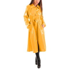 Women's PU Leather Turn-Down Collar Midi Trench, Shiny Faux Leather, Button-Up, Long Sleeve Dress Coats with Belt, Sexy Wet Look