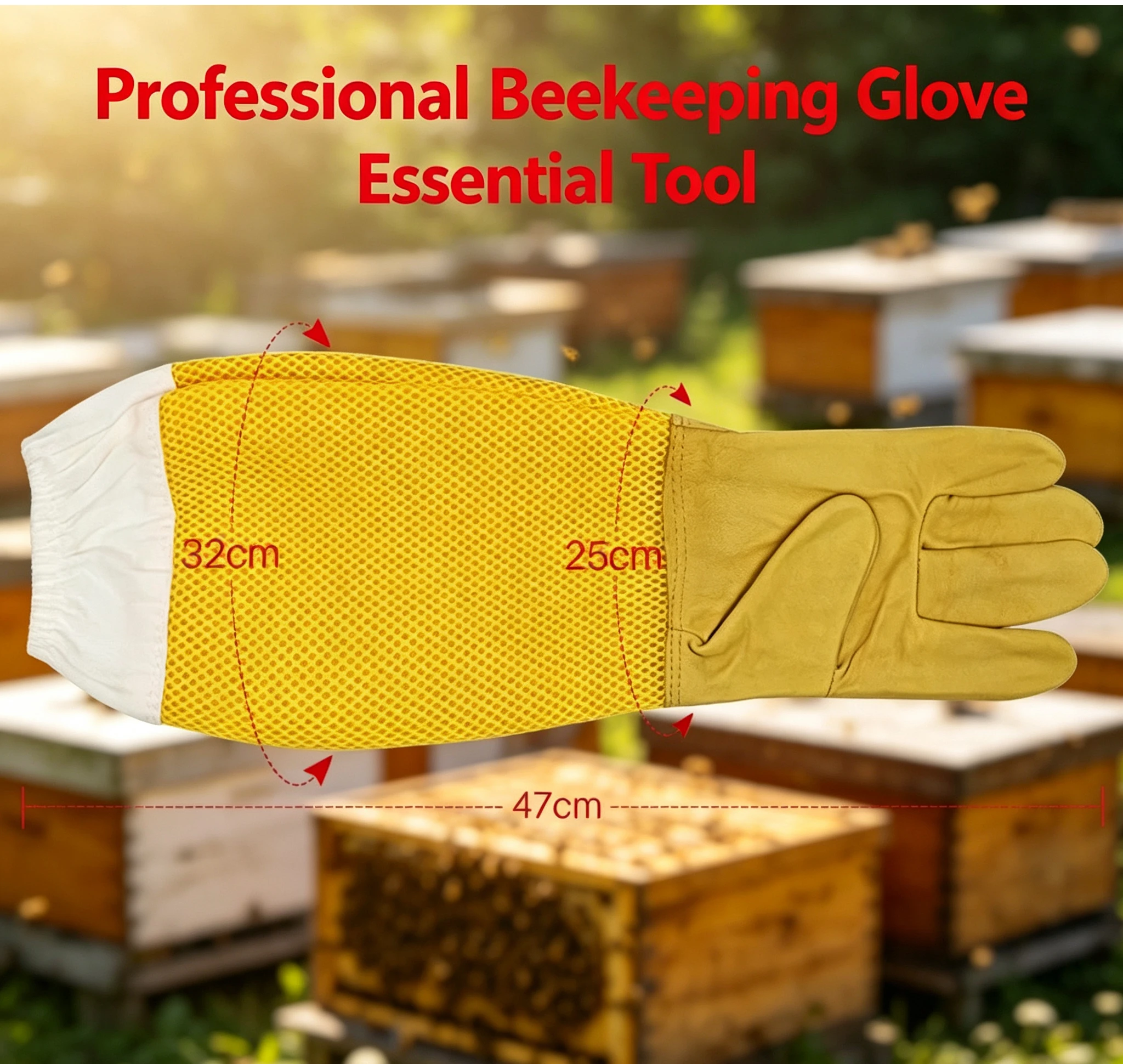 

2 pairs of anti bee sting beekeeping gloves, 47 cm long breathable mesh sleeves, soft leather palm bee tool protective gloves