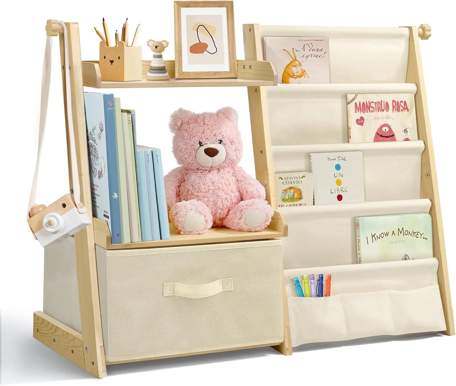 

2-in-1 Kids Bookshelf and Toy Organizer with Movable Bin, 4-Tier Storage for Nursery Bedroom Playroom