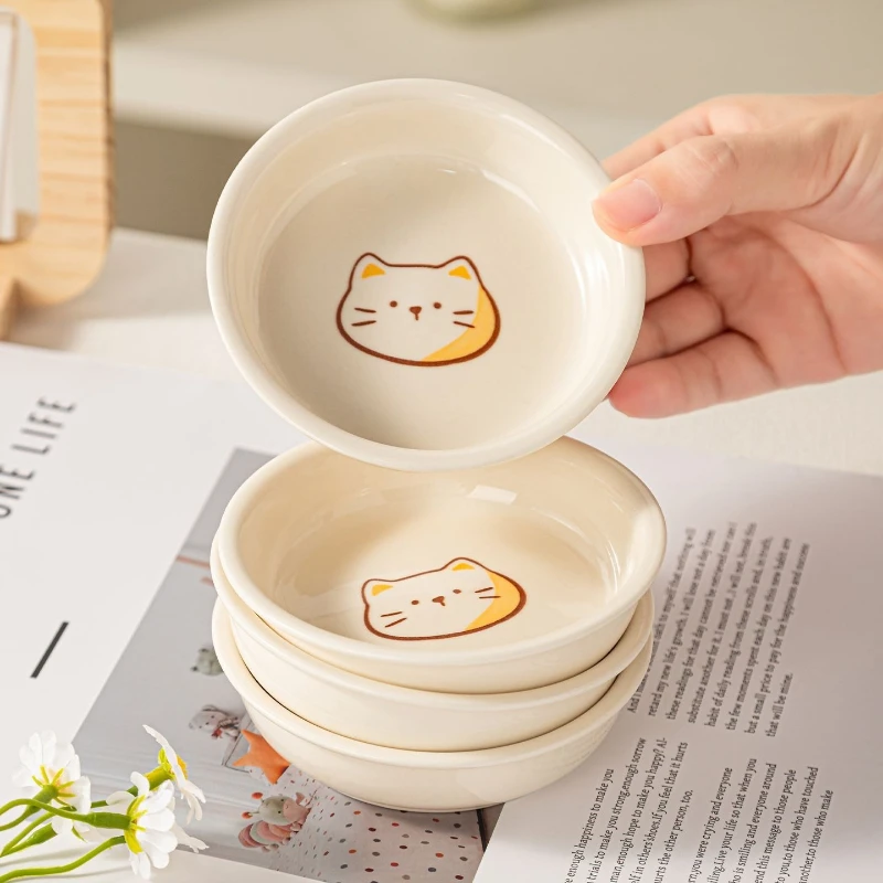 4Pcs Cream-style Bread Cat Taste Dish Ceramic Cartoon Dessert Plate Soy Fruit Sauce Dish Seasoning Bowl Household Dip Dishes Set