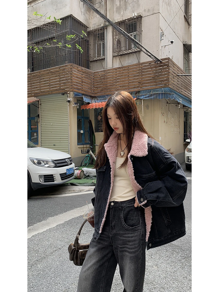 

Red Celebri Denim Jaet Women's Autumn Winter New Sle Pure Cotton Lamb Fur Lined Jaet Commute Sle Button Closure Lon...