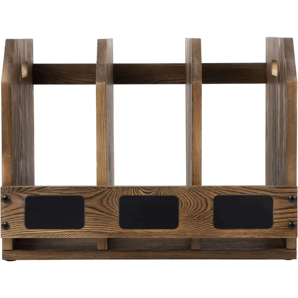 Rustic Wood Document Organizer with 3 Compartments, Chalkboard Labels, and Carry Handles for Office Desk Storage