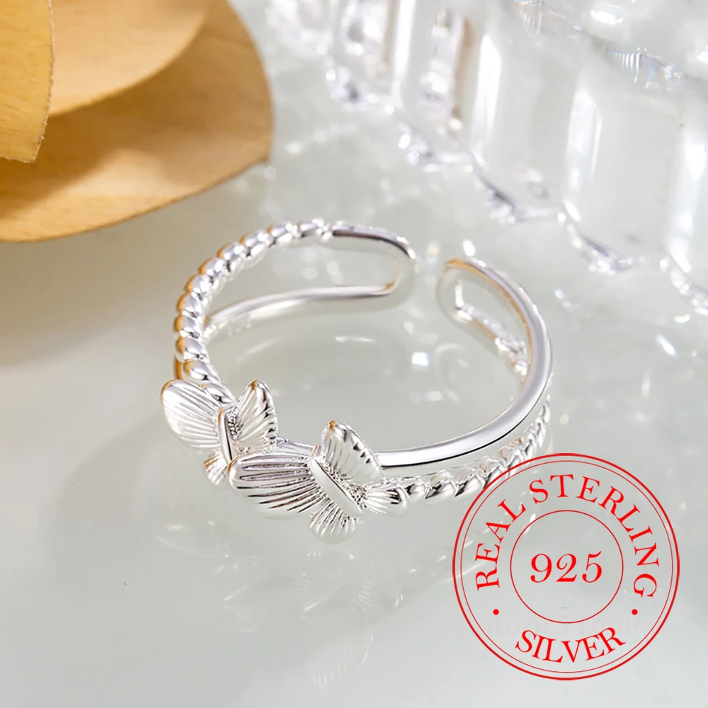 Bagues coréennes en argent Sterling 925 pour femmes, bagues papillon douces réglables, bijoux cadeau de fête de mariage en argent 925