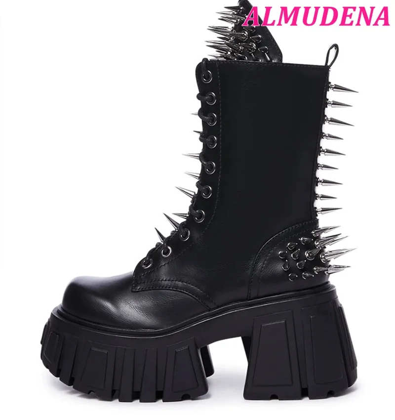 Black Spike Platform Leather Boots Studded Cool Punk Chunky Heel Lace up High Heels Mid Calf Boots Big Size Lolita Design Shoes