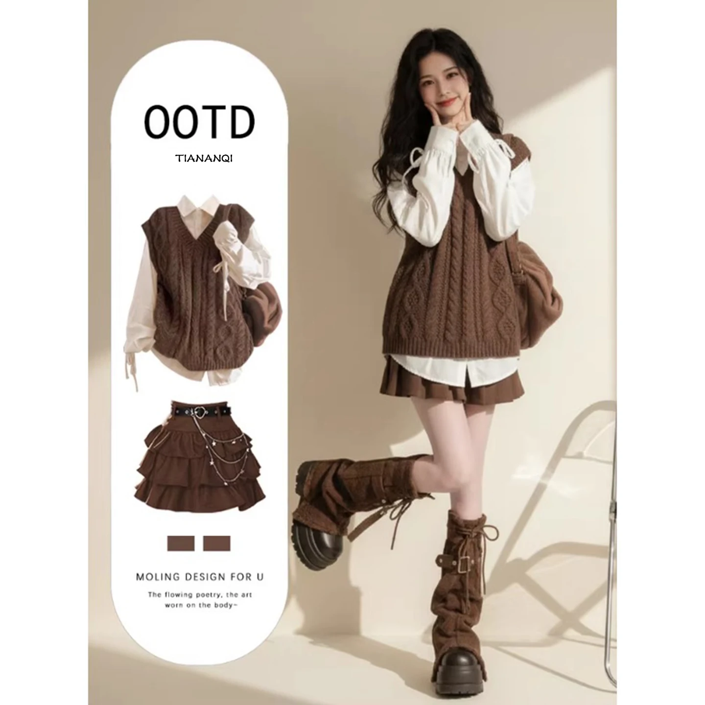 

Mirei Faion Knitted Dr Puffy ort Skirt Set College Sle Jk orm Long Sve Collar f Open Cardigan Warmth