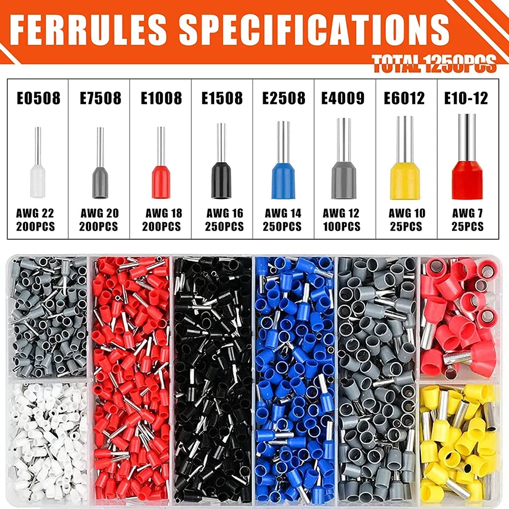 

Ferrule crimping tool kit AWG23-7 adjustable ratchet wire crimping pliers with 1250PCS ferrule kit wire end terminals