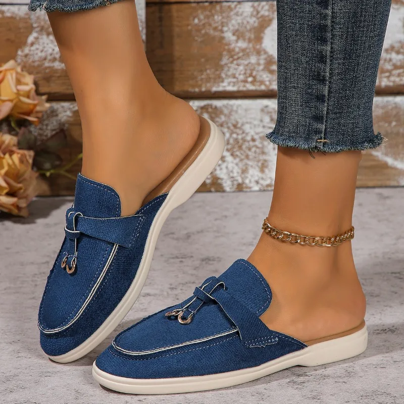 High Quality Summer Walk Shoes Comfortable Loafers Slippers for Women 2024 Classic Leather and Fabric Feel Sandals 36-42