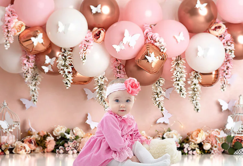 Mehofond Photography Background Wonderland Pink Flowers Butterfly Girl 1st Birthday Party Cake Smash Decor Backdrop Photo Studio