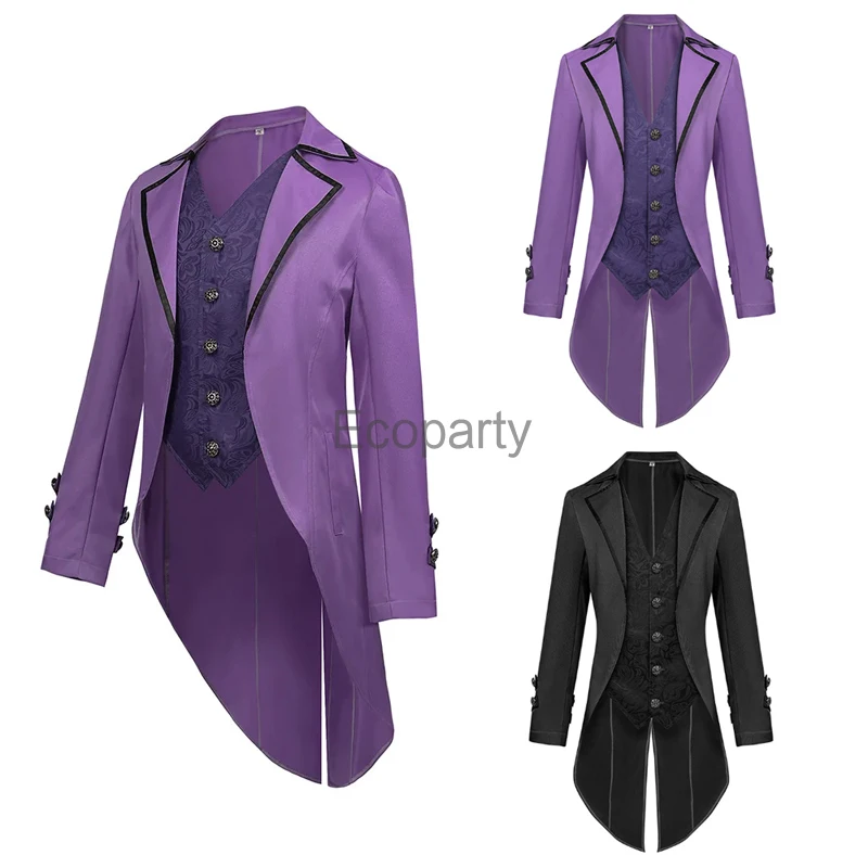 Men Steampunk Victorian Gothic Jacket Purple Vintage Tailcoat Coat Medieval Noble Uniform Jackets Renaissance Costume Homme Suit