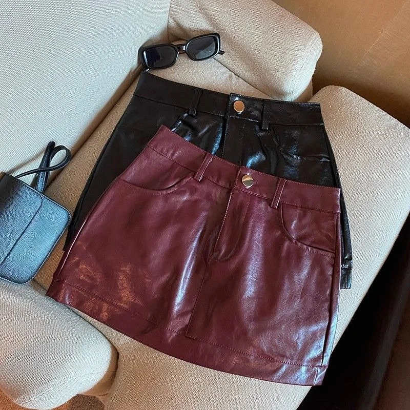 Wine Red PU Leather Skirts for Women Sexy Clubwear Hip-Wrapped Leather Mini Skirt Female Spring Autumn Short Skirts