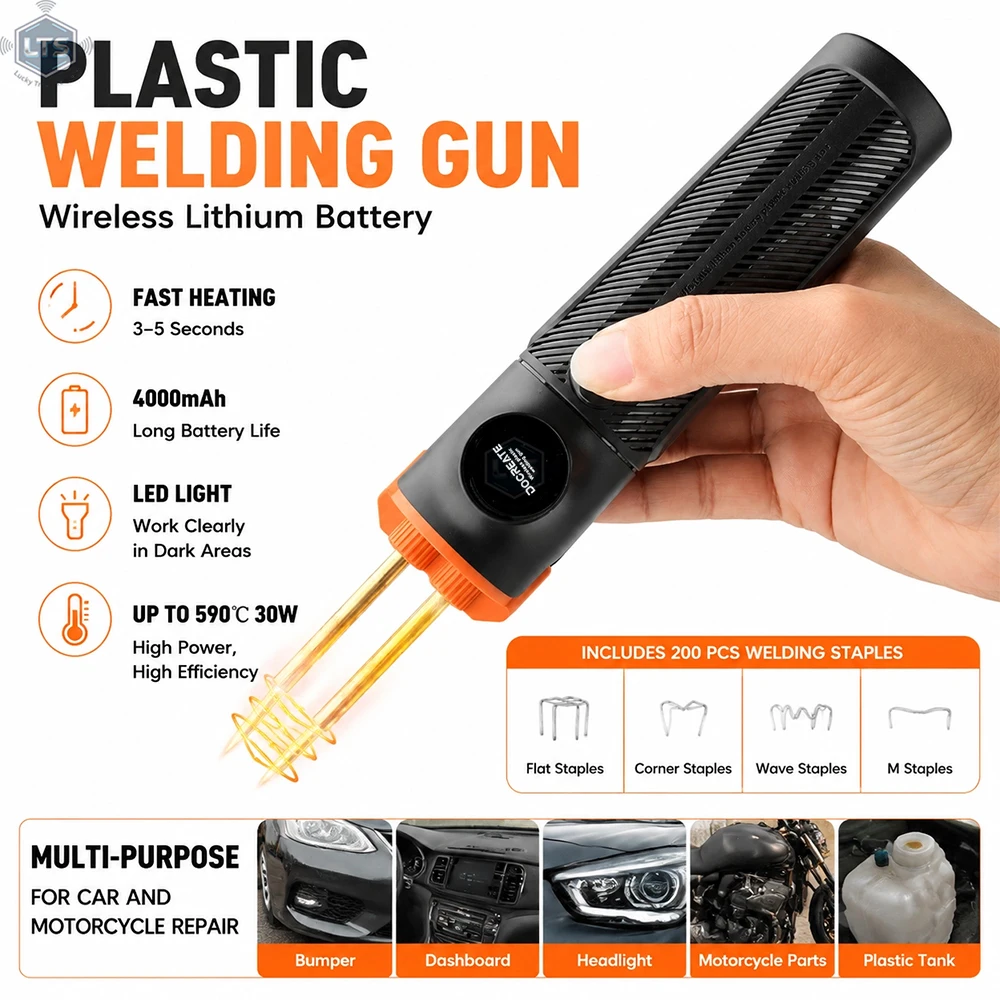 

Cordless Plastic Welder with 200PCS Needles Heat Stapler Bumper Repair Kits 590℃ High Temp LED Lithium Gun for Bumper Repair