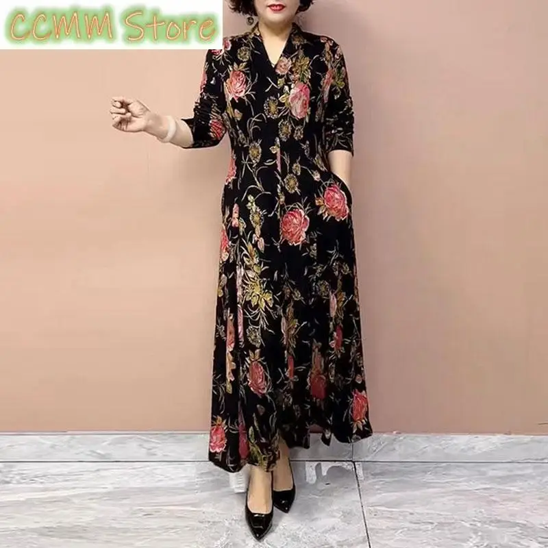 

Vintage Peony Printed Dresses Women's Clothing Split Elegant V-Neck Spring Autumn Long Sleeve Casual A-Line Waist Long Dress New