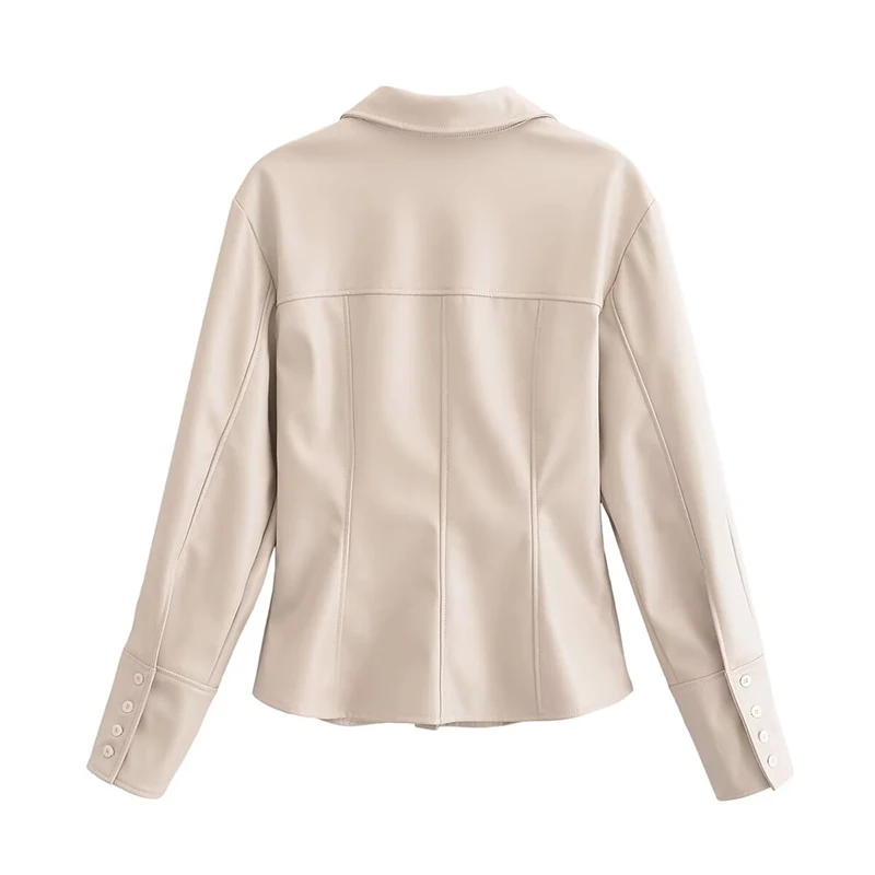 YENKYE Autumn Winter Women Fitted Faux Leather Shirt Long Sleeve With Patch Pockets High Street Blouse Blusas Mujer