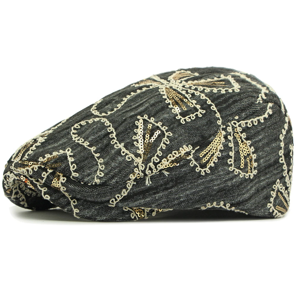 HT4833 Herren Berets Frauen Vintage Künstler Maler Baskenmütze Hut Männlich Weiblich Pailletten Ivy Flache Kappe Frühling Sommer Herbst Denim Baskenmütze Kappe – Detail 6