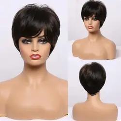 Mixed Brown Blonde Highlight Synthetic Wig Short Pixie Cut Wavy Bob Wigs with Bangs for Women Natural Heat Resistant Hair