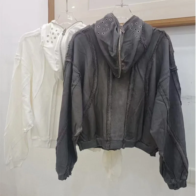 رمادي أسود أبيض البلطجة نادي هوديي غسل تفعل القديم المرقعة غطاء الوجه مزدوجة سستة قصيرة مقنعين البلوز للرجال النساء معطف #2