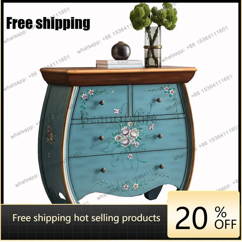 

XX. American rural retro old hand-painted solid wood four-chest cabinet painted decorative cabinet