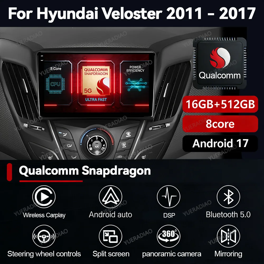 Android 17 Autoradio für Hyundai Veloster FS 2011 - 2017 QLED 4G LTE 5G WIFI BT 2DIN Multimedia Stereo Videoplayer Head Unit