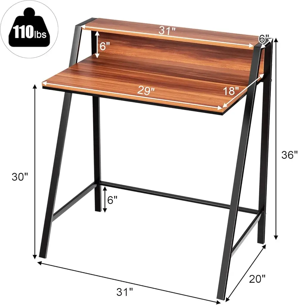 Small Computer Desk, Compact Home Office Desk with Sturdy Frame, 2 Tier Study Writing  for Small Place Apartment Office, Desk fo