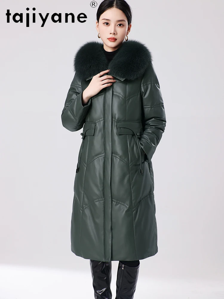 TAJIYANE 100% أعلى الحبوب جلد الغنم أسفل معطف امرأة جلد طبيعي طويل سترة منفوخة مع الثعلب الفراء طوق 2025 الملابس الشتوية