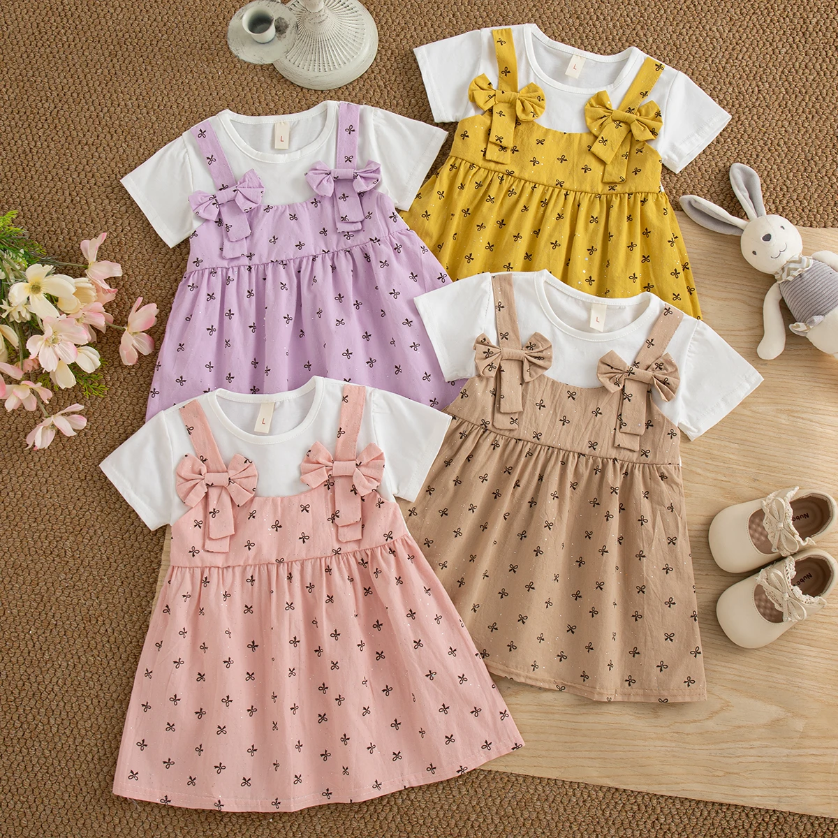 Korean Style Baby Girl Pink Dress Sweet Bow Pattern Sequin Short Sleeved Cotton Dress Summer Fashion Outfits Girls Kids