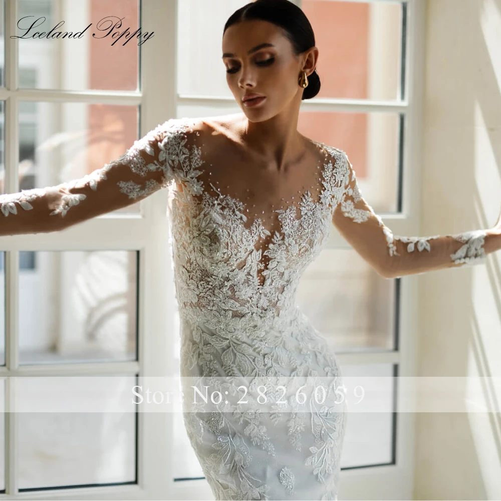 ไอซ์แลนด์ Poppy ที่กําหนดเอง 2 ชิ้นชุดเดรสเมอร์เมด Scoop คอลูกปัดลูกไม้ชุดเจ้าสาวที่ถอดออกได้รถไฟ