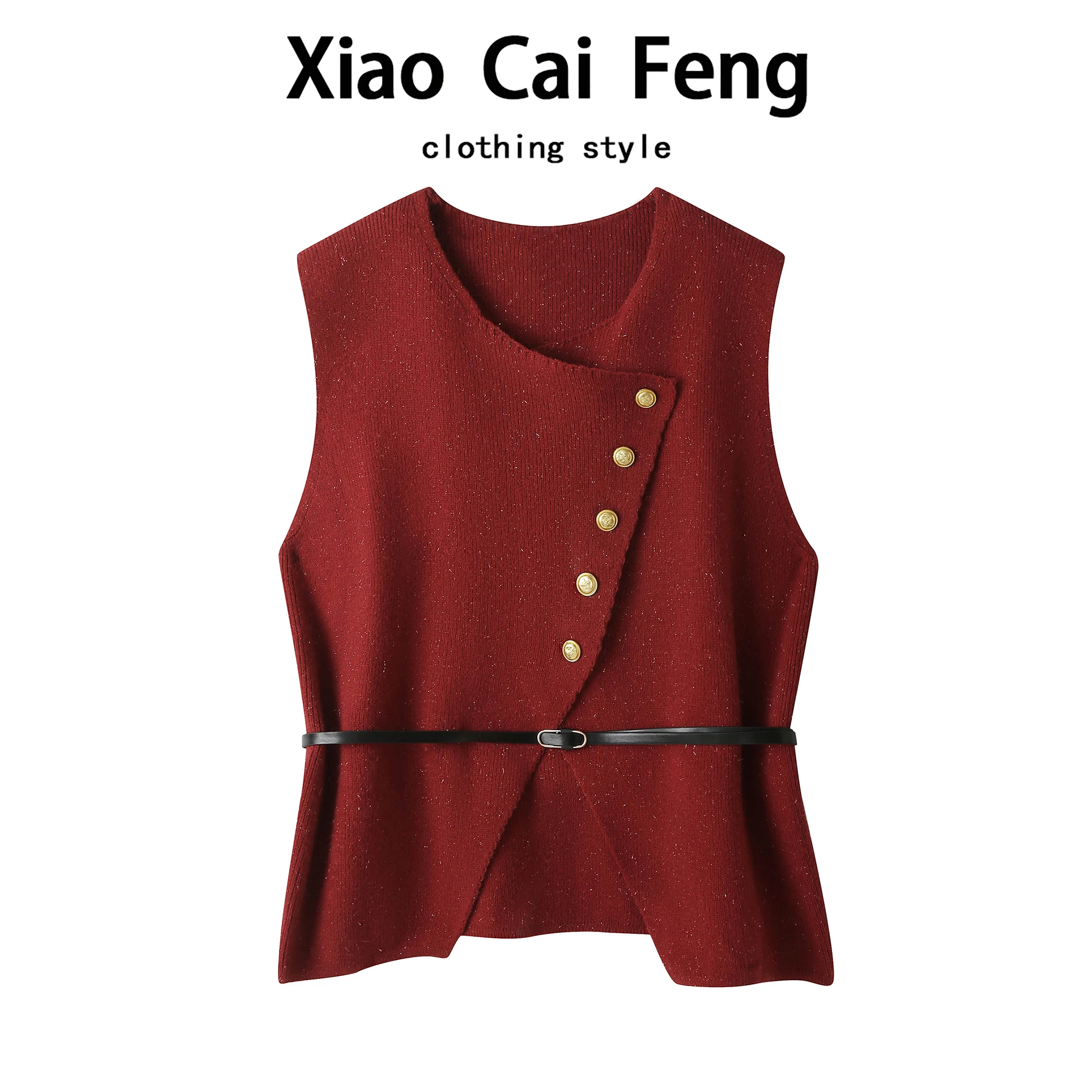 

Французский вязаный жилет с поясом для женщин, осенне-зимний свитер-жилет с поясом, асимметричный красный свободный теплый кардиган