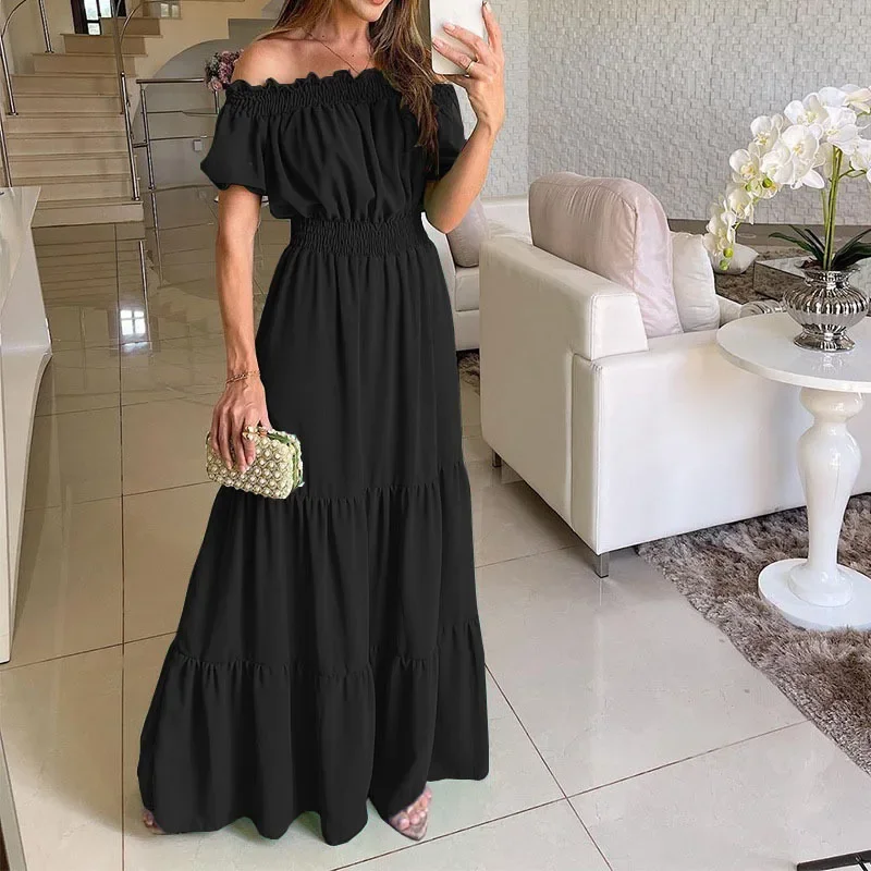 Seksowna Sukienka Maxi z Krótkim Rękawem, Dekoltem typu Slash, Plisowana, Letnia, Damska, Boho, Czerwona, Luźna, Vestidos TCFS-1175