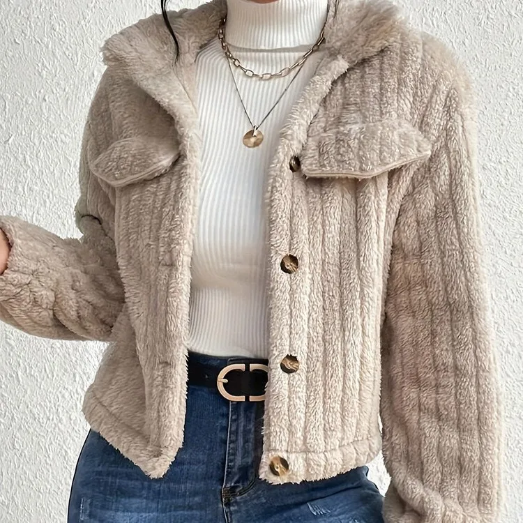 Loose Fit Long Sleeve Coat with Turn Down Collar Button Front European and American Style Casual Wrinkle Resistant Women Jacket