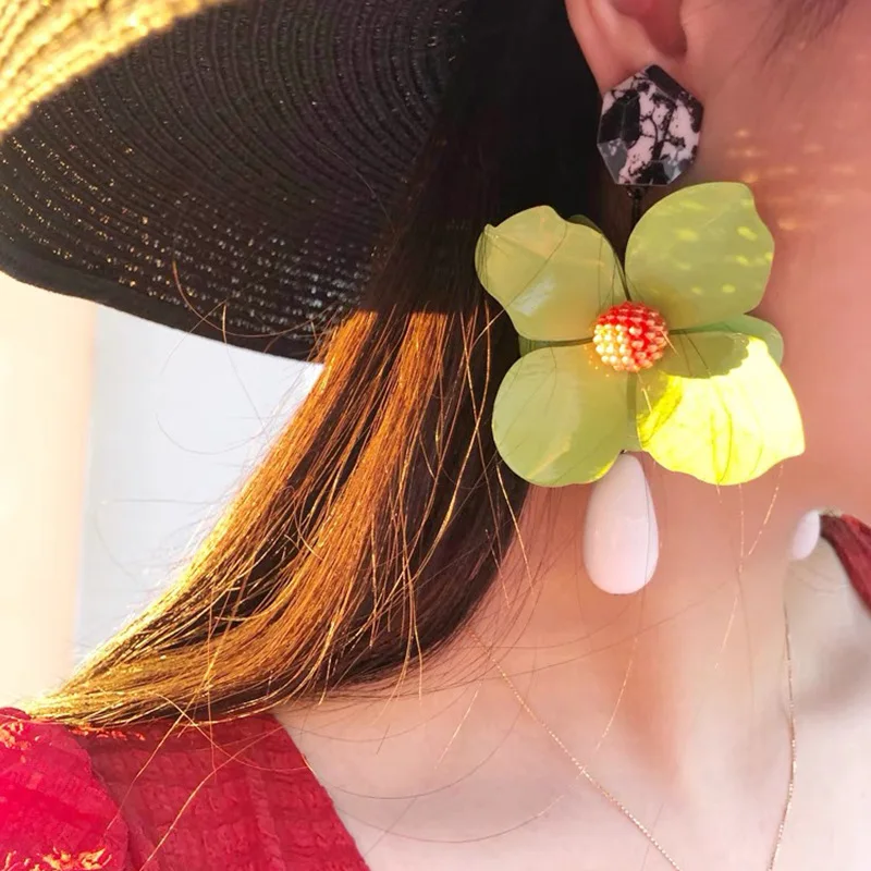 New Vintage Resin Flower Long Dangle Earrings Large Boho Statement Earrings for Women Summer Charm Accessories Gift 2024 Trend