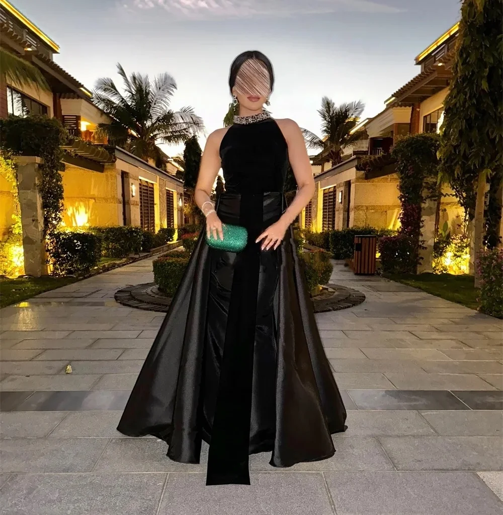 

Black Halter Beaded Long Bespoke Occasion Gown Evening Dresses Pastrol Unisex Jersey Retro Dubai Saudi Arabic Prom Customized