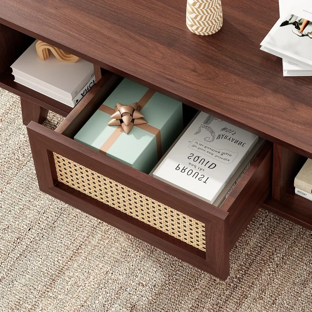Coffee Table, Mid Century Living Room Tables with Storage, Modern Square with Rattan Drawer, Wooden Living Room Table with Solid
