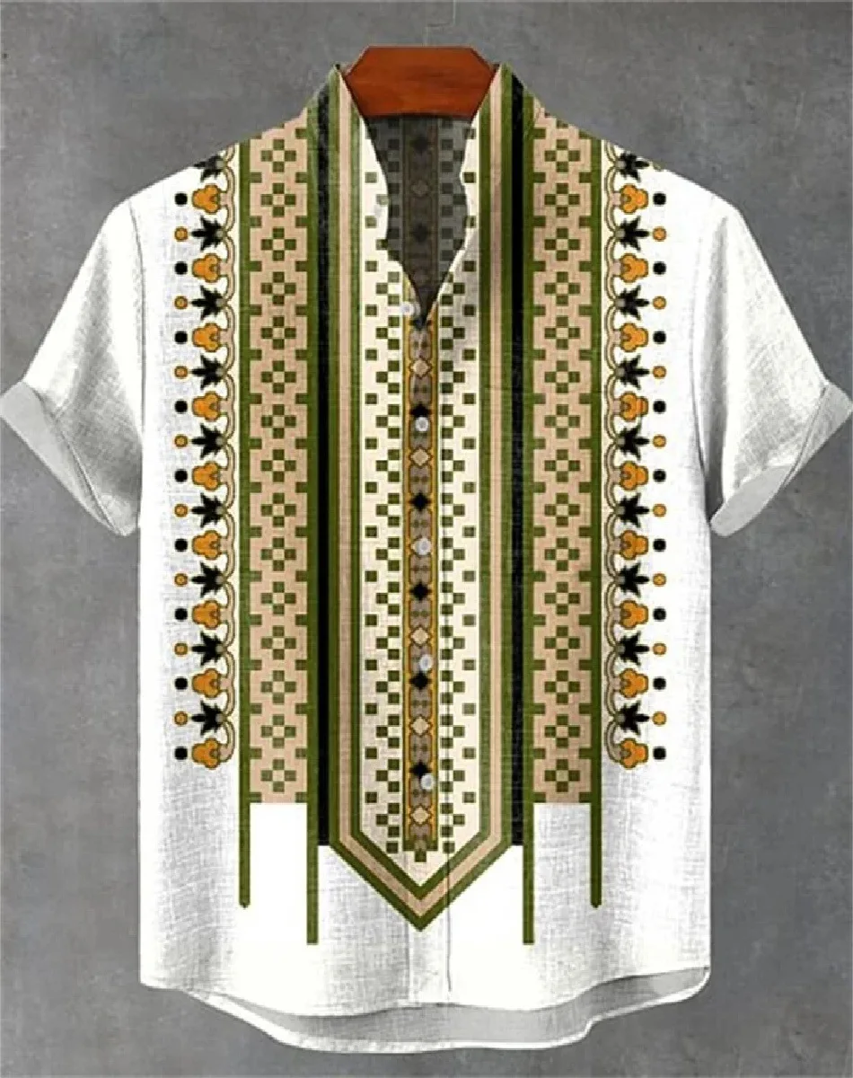 New casual shirt men's linen short sleeved top printed design fashionable street style fashionable Hawaiian button top