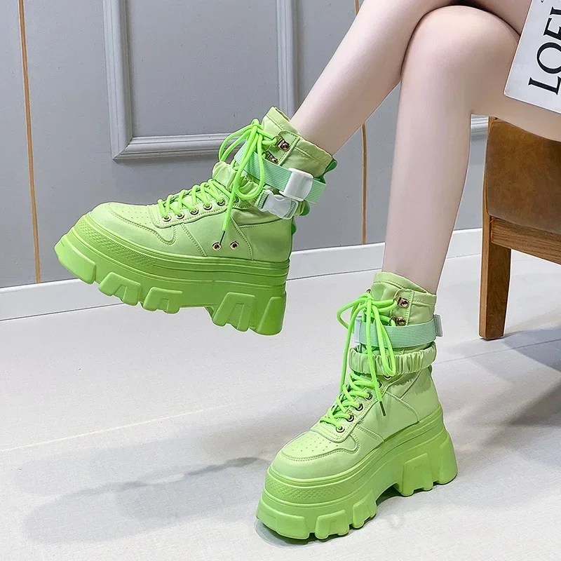 7CM Green Punk Chunky Platform Motorcycle Boots Women Autumn Winter Gothic Shoes Woman Thick Bottom Lace Up Ankle Botas Mujer