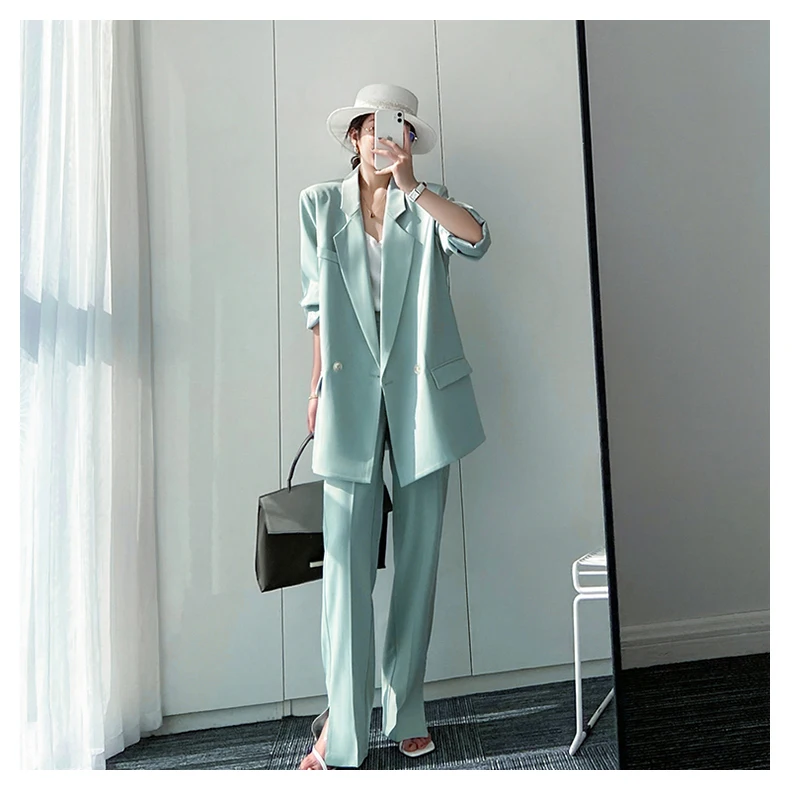 Mint Green Suit Jacket Women's 2022 Spring Korean Version of the New Casual Temperament Fashion Thin Slit Pants Set