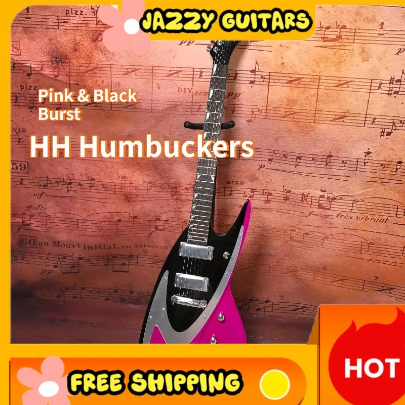 Pink Black Split Flying V king Electric Guitar, Silver Decor Pickguard Dual Humbuckers, Hard Rock Band Live 1958 Guitar