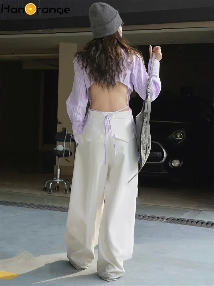 HanOrange 2025 Spring Back Hollowed Out Striped Shirt Women Sexy Silhouette Top Blue/Purple