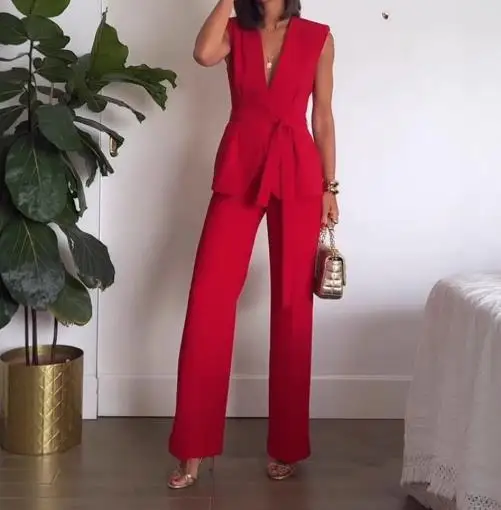 2025 جمبسوت طويل أنيق ومثير للنساء جديد بدون أكمام وحزام مستقيم الساق